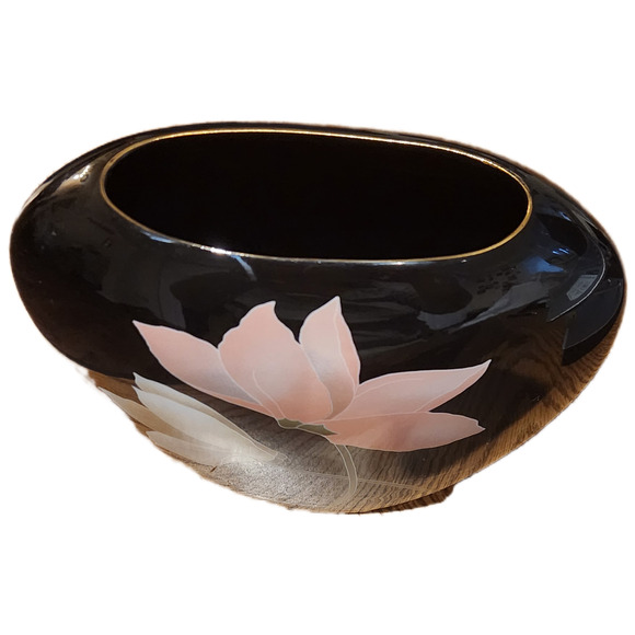 Vintage Toyo Japan Black Porcelain Vase with Peach Floral Design, Mid-Century - Picture 6 of 6